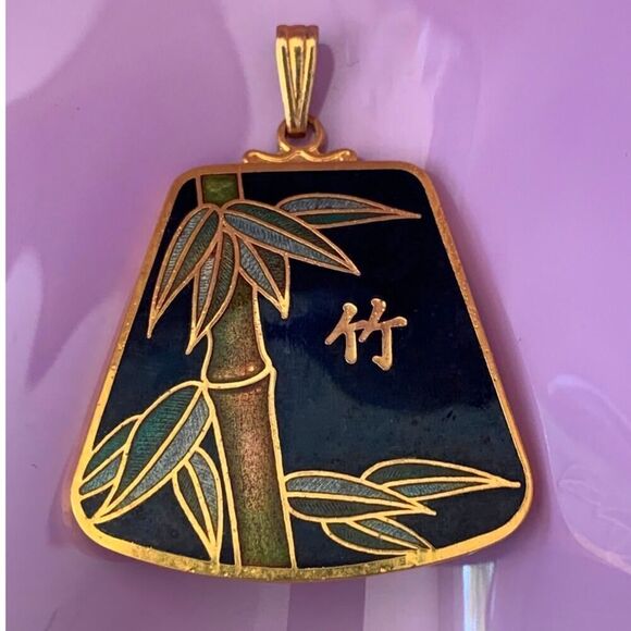 Estate 70s Cloisonne pendant Bamboo design Sinogram, in Gold tone, Unmarked - Picture 1 of 3